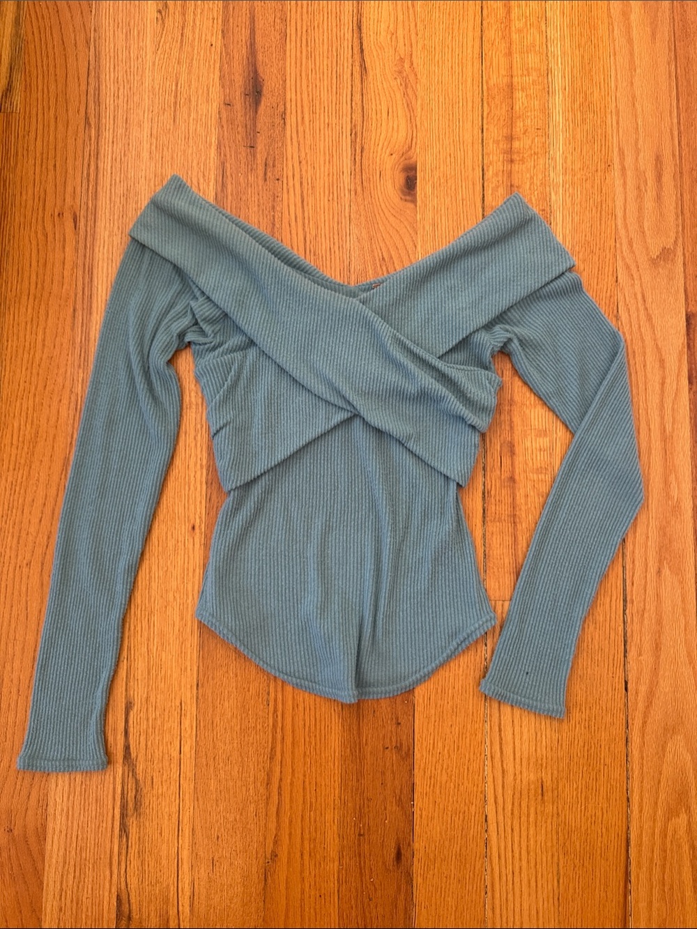 Free People Off-Shoulder Ribbed Sweater in Dusty Blue
